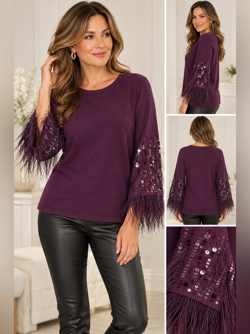 Chico’s Sequin Feather Fringe Sleeve Sweater 2/L Plum Cashmere Blend Glam Party